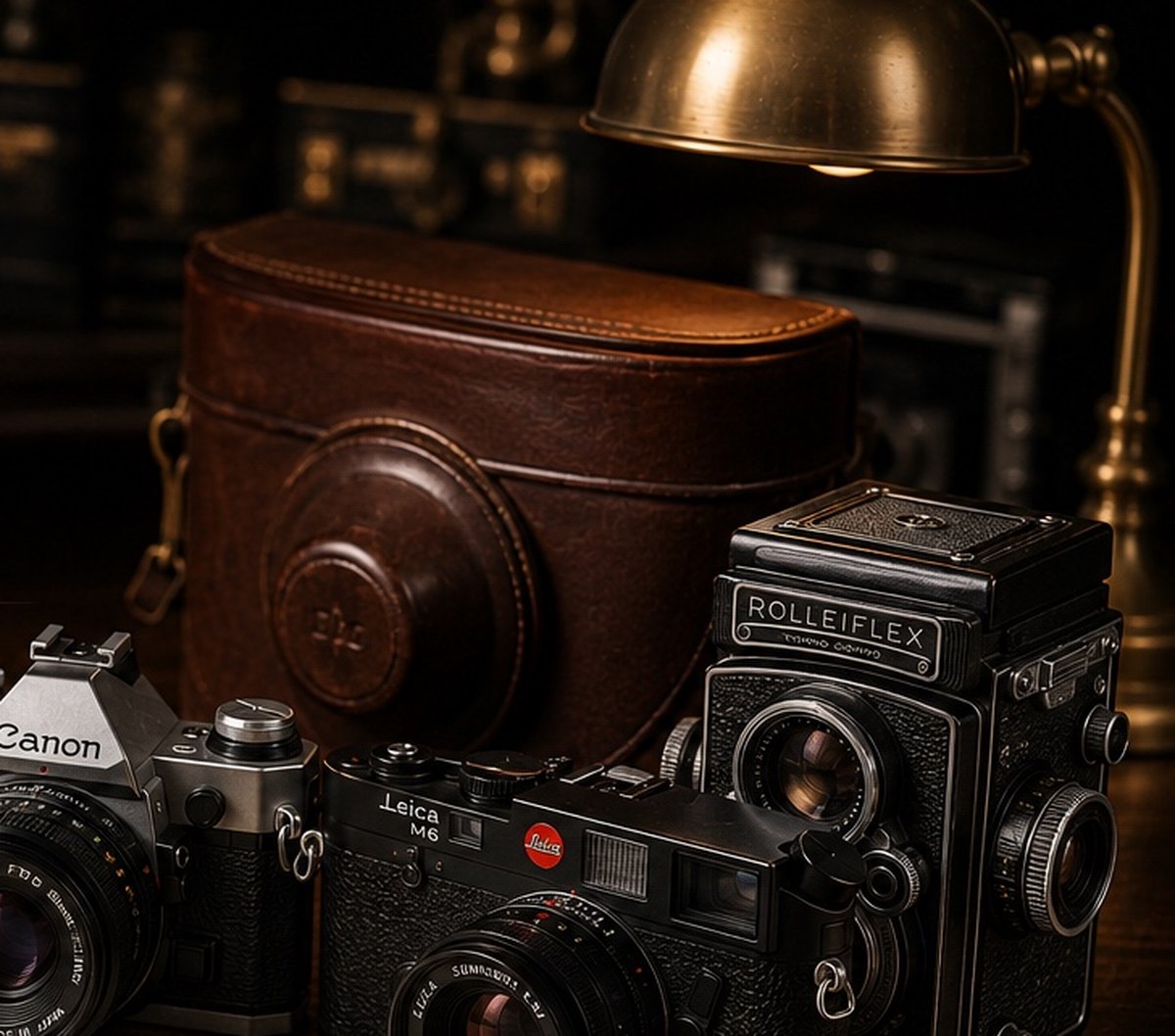 Vintage Canon AE-1, Leica M6 and Rolleiflex cameras beside a leather camera case