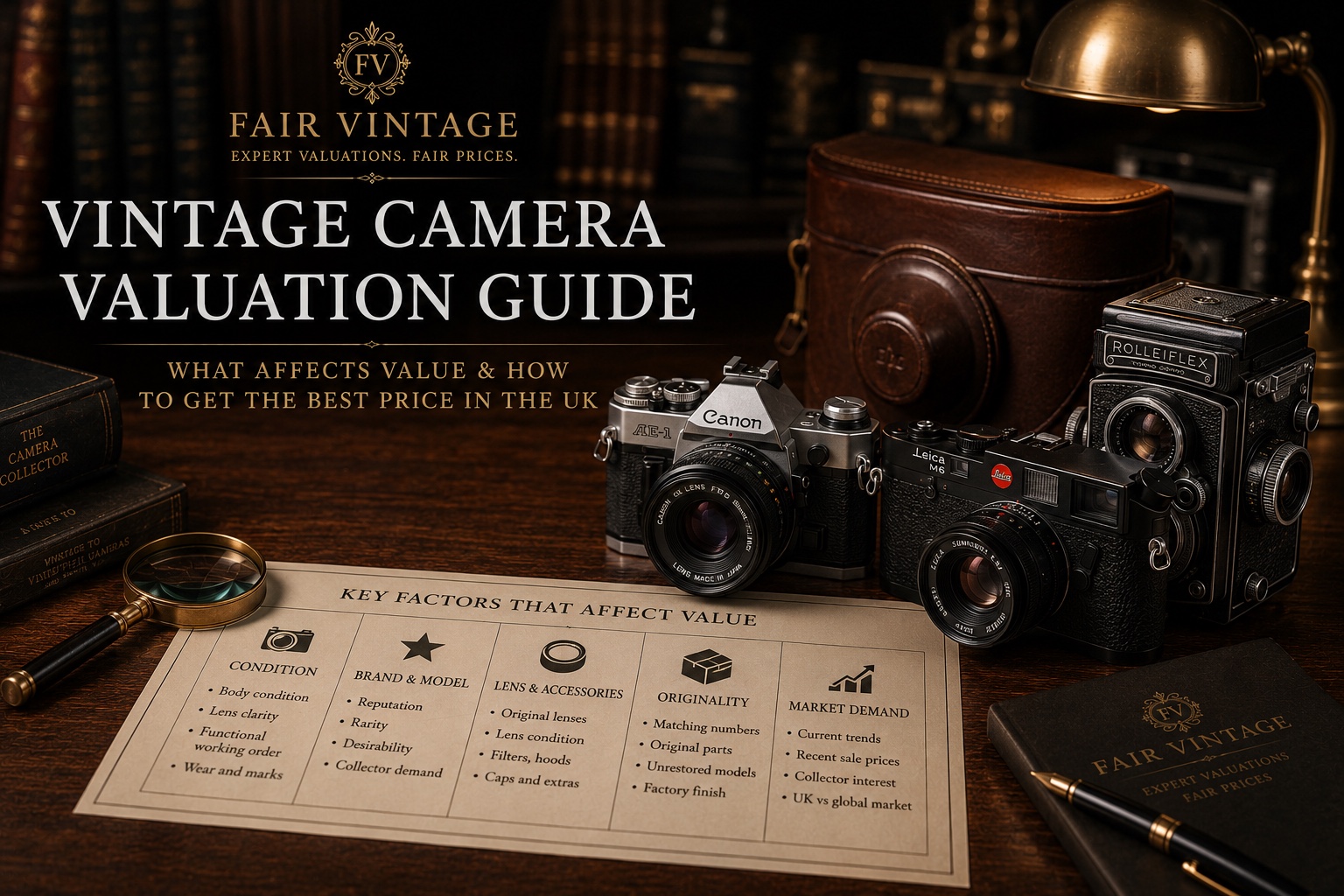 Vintage camera bodies and lenses laid out for valuation