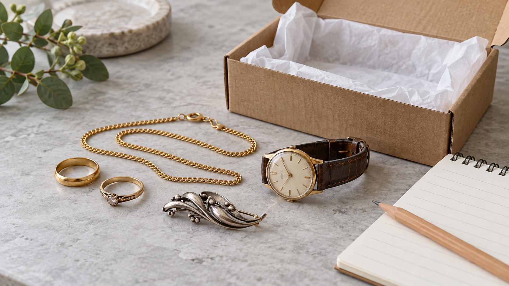Gold rings, a gold chain, a wristwatch and a brooch laid out beside a small box and a notebook, ready to be valued