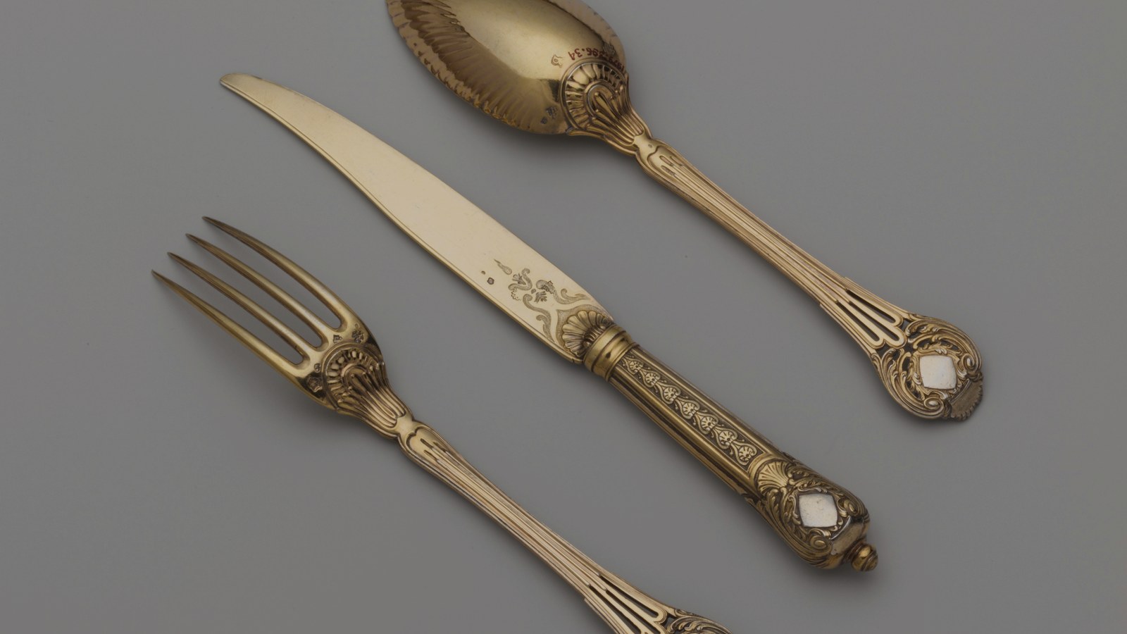 Gilt silver knife, fork and spoon, 1767–71