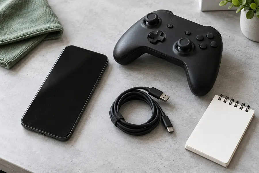 Unbranded phone, controller and cable prepared on a workbench