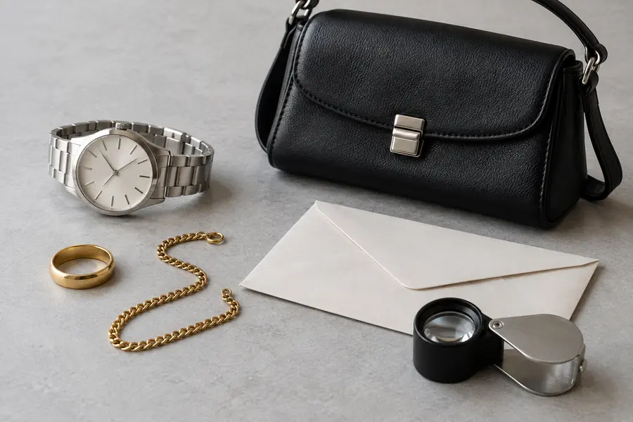 Unbranded watch, handbag and gold jewellery laid out for an item inventory