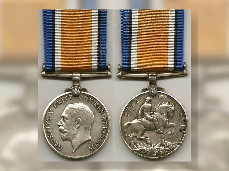 First World War British War Medal shown front and back, with its ribbon