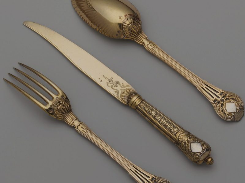 Gilt silver knife, fork and spoon, 1767 to 1771